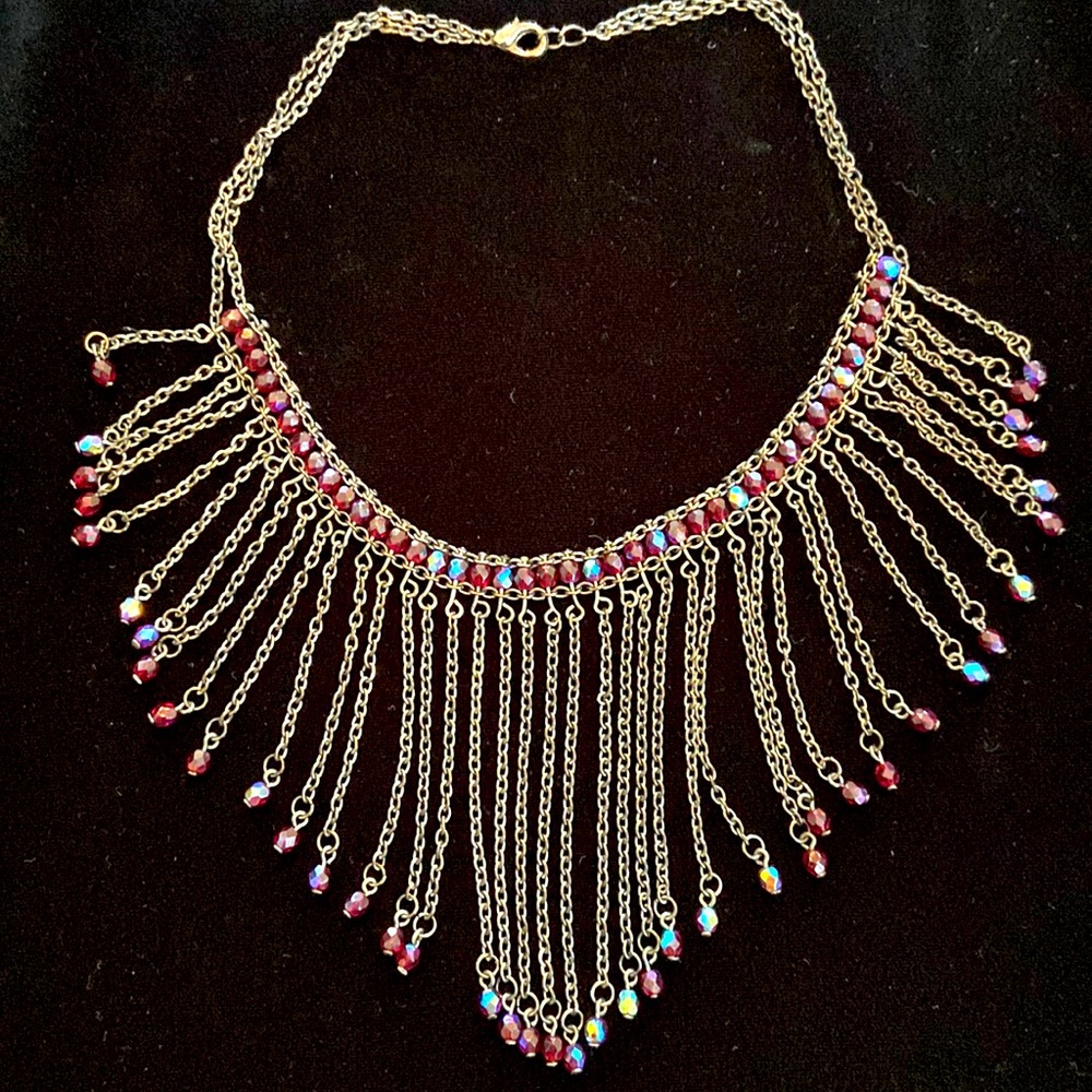 Vintage Iridescent red crystal gun metal chain fringed necklace